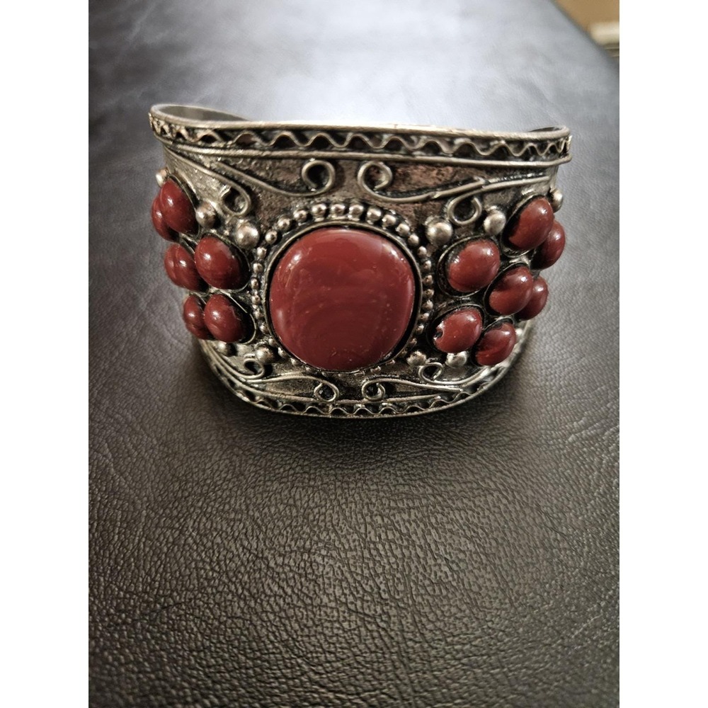 Vintage Wide Boho Cuff Bracelet Ornate Silver Tone Red Cabochon